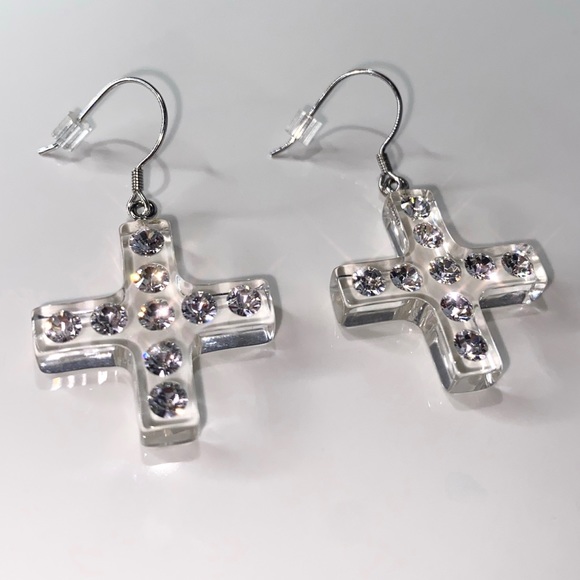 Women’s Lucite Cross Earrings Embellished With Swarovski Crystal Stones, New - Picture 1 of 9